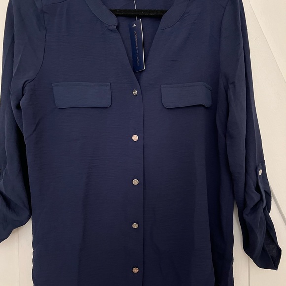 Adrienne Vittadini Navy Blue Blouse with gold buttons. Size Small - Picture 3 of 5